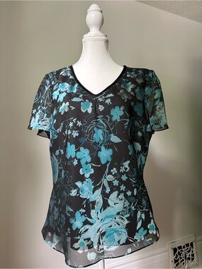 JACQUES VERT Vintage‎ Floral Whimsigoth Romantic Vneck Short Sleeve Blouse Sz 12
